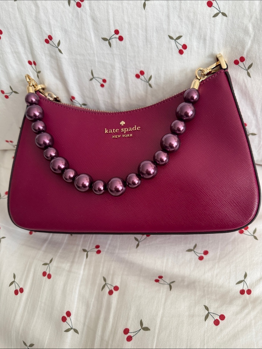 kate spade Magenta Saffiano Leather Shoulder Bag with Pearl Bead Strap